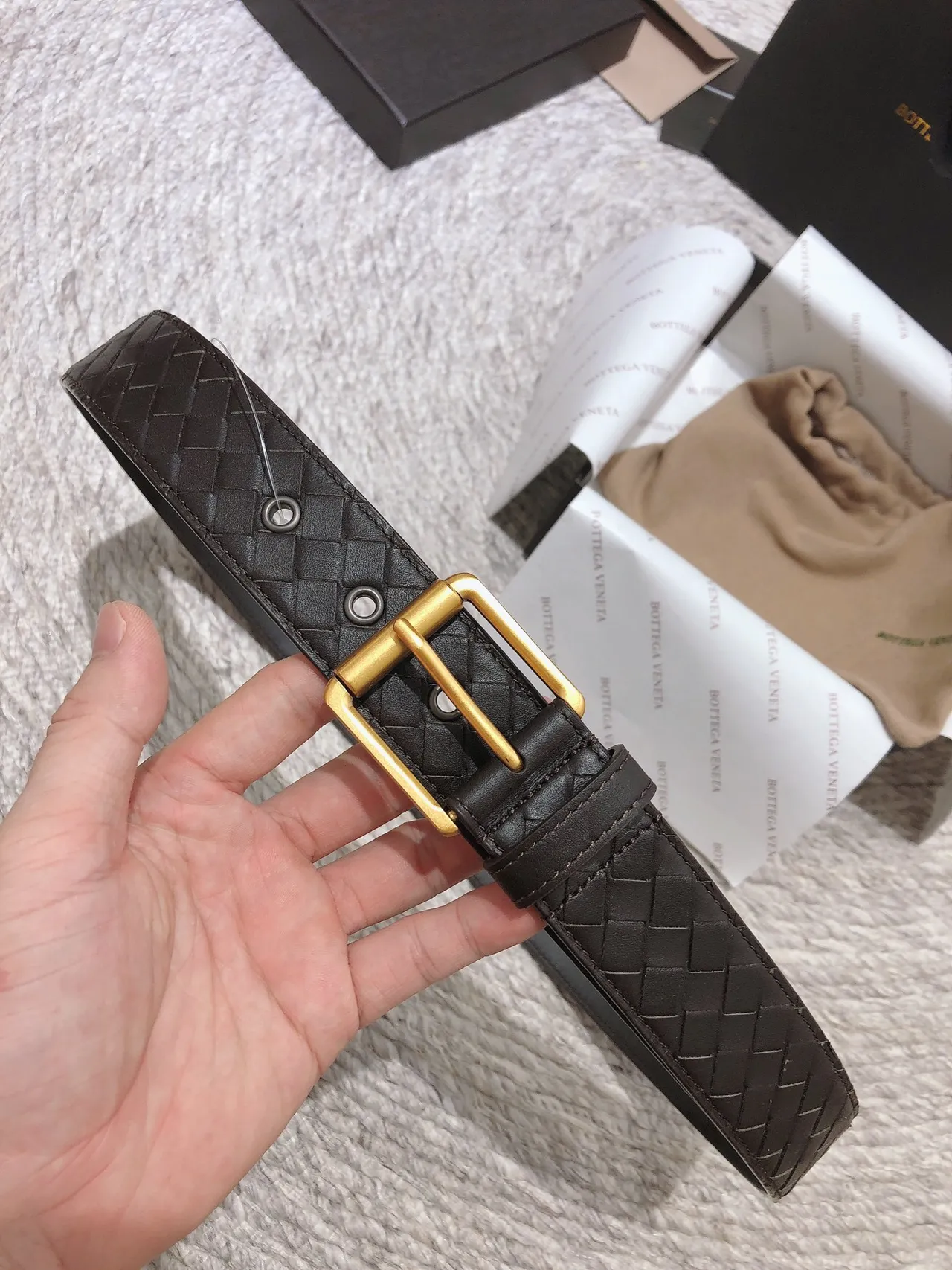 Bottega Veneta Brown Gold Woven Intrecciato Rectangular Buckle Leather Belt 8
