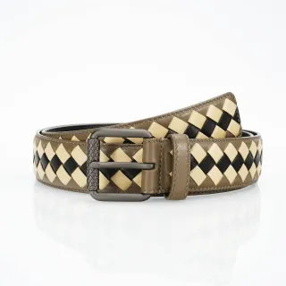 Bottega Veneta Intrecciato বাদামী বেইজ বোনা তিন রঙের জ্যামিতিক বুনন চামড়ার বেল্ট