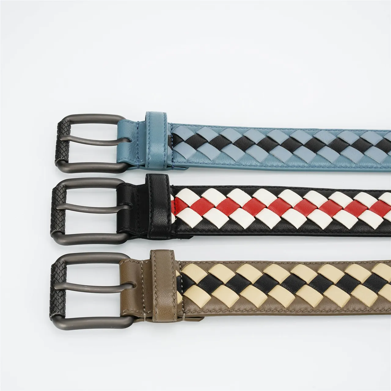 Bottega Veneta Intrecciato Brown Beige Woven Three-Tone Geometric Braid Leather Belt 2