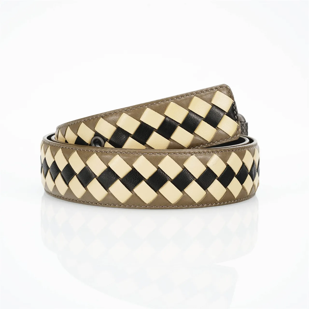 Bottega Veneta Intrecciato Brown Beige Woven Three-Tone Geometric Braid Leather Belt 3