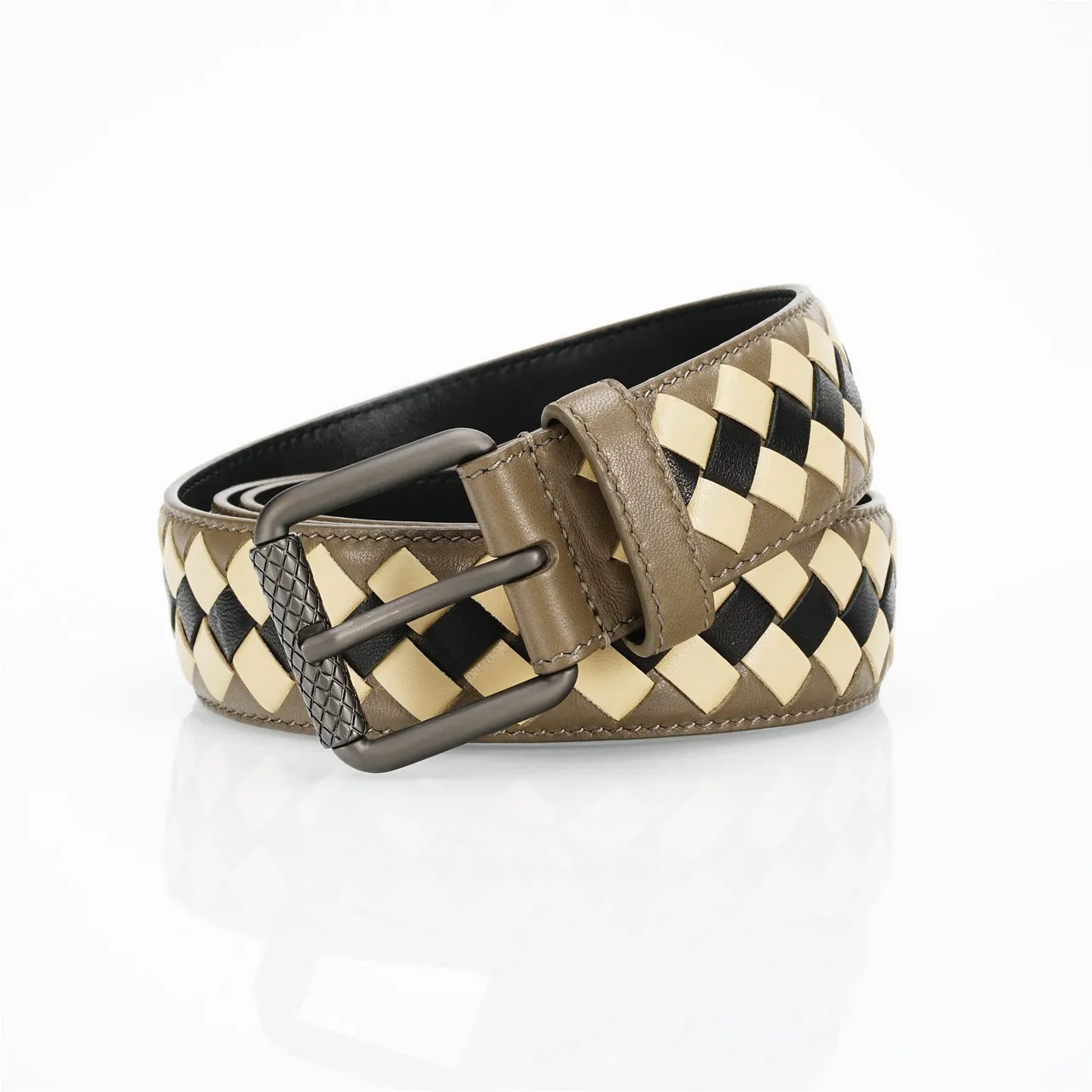 Bottega Veneta Intrecciato Brown Beige Woven Three-Tone Geometric Braid Leather Belt 4