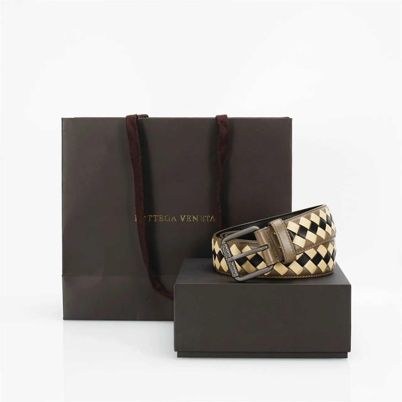 Bottega Veneta Intrecciato Brown Beige Woven Three-Tone Geometric Braid Leather Belt 5