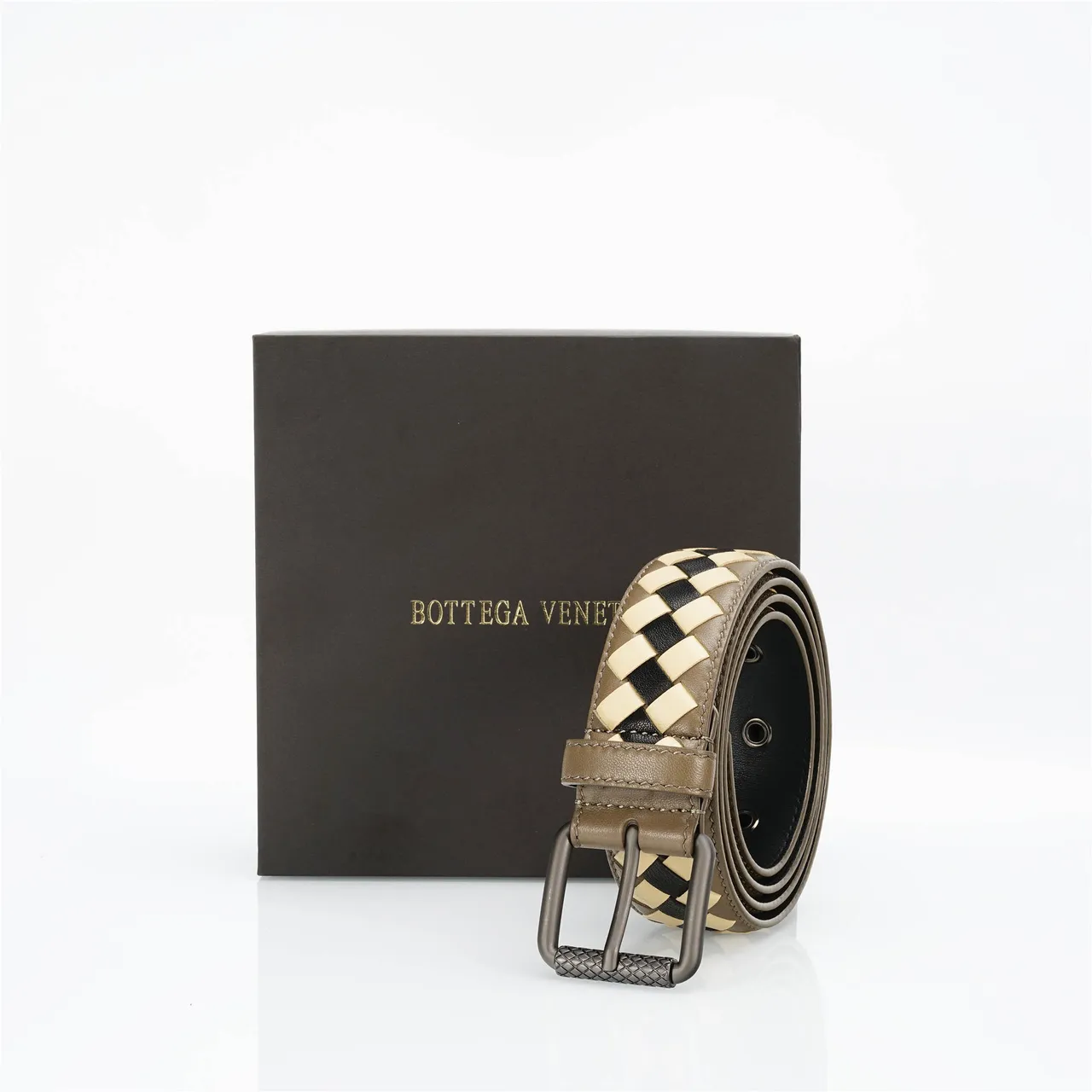 Bottega Veneta Intrecciato Brown Beige Woven Three-Tone Geometric Braid Leather Belt 6