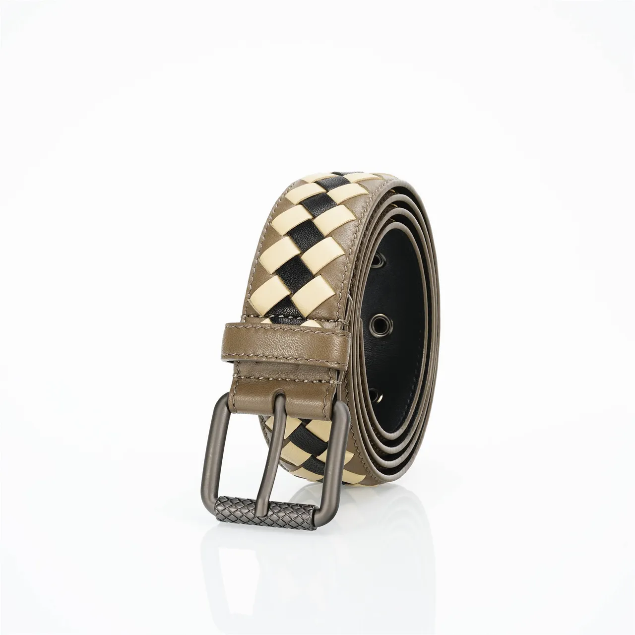 Bottega Veneta Intrecciato Brown Beige Woven Three-Tone Geometric Braid Leather Belt 7