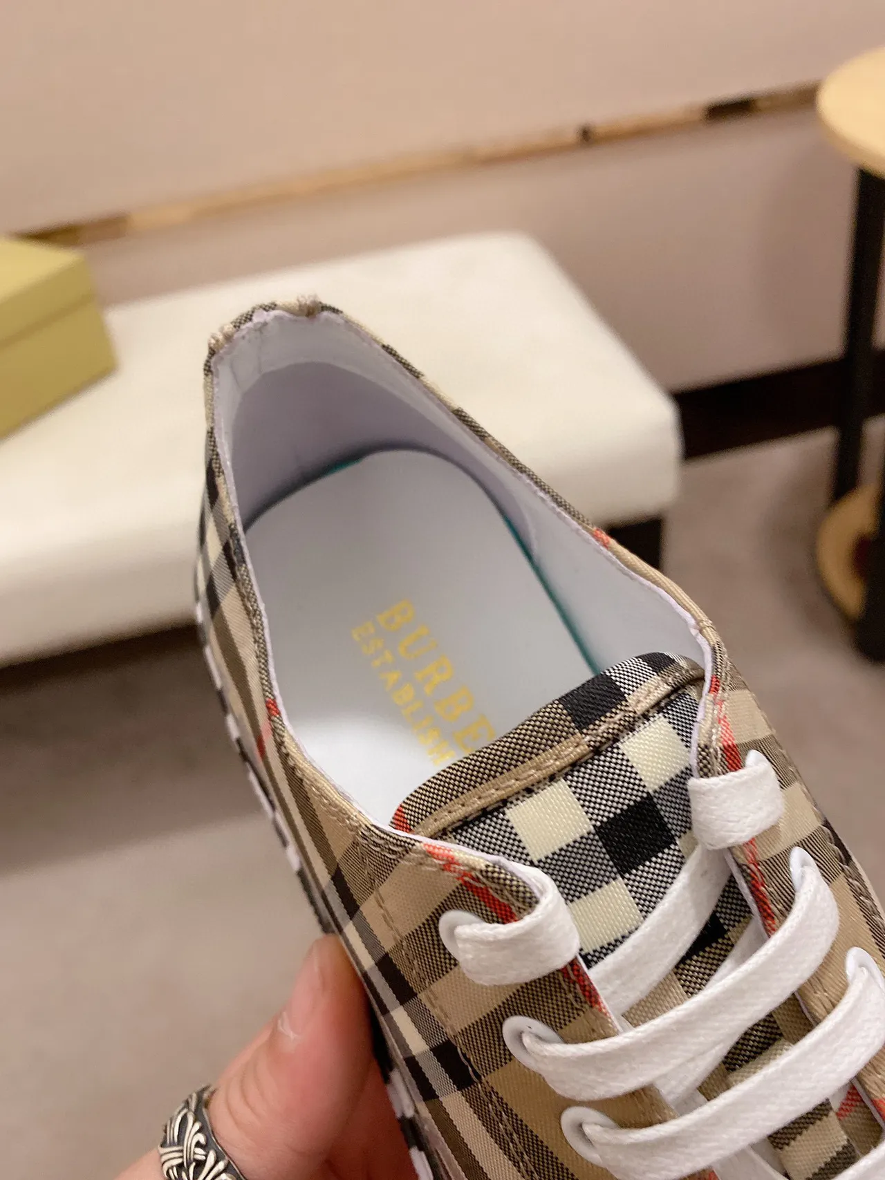 Burberry Beige White Check-Pattern Canvas Logo-Print Midsole Lifestyle Sneakers 5