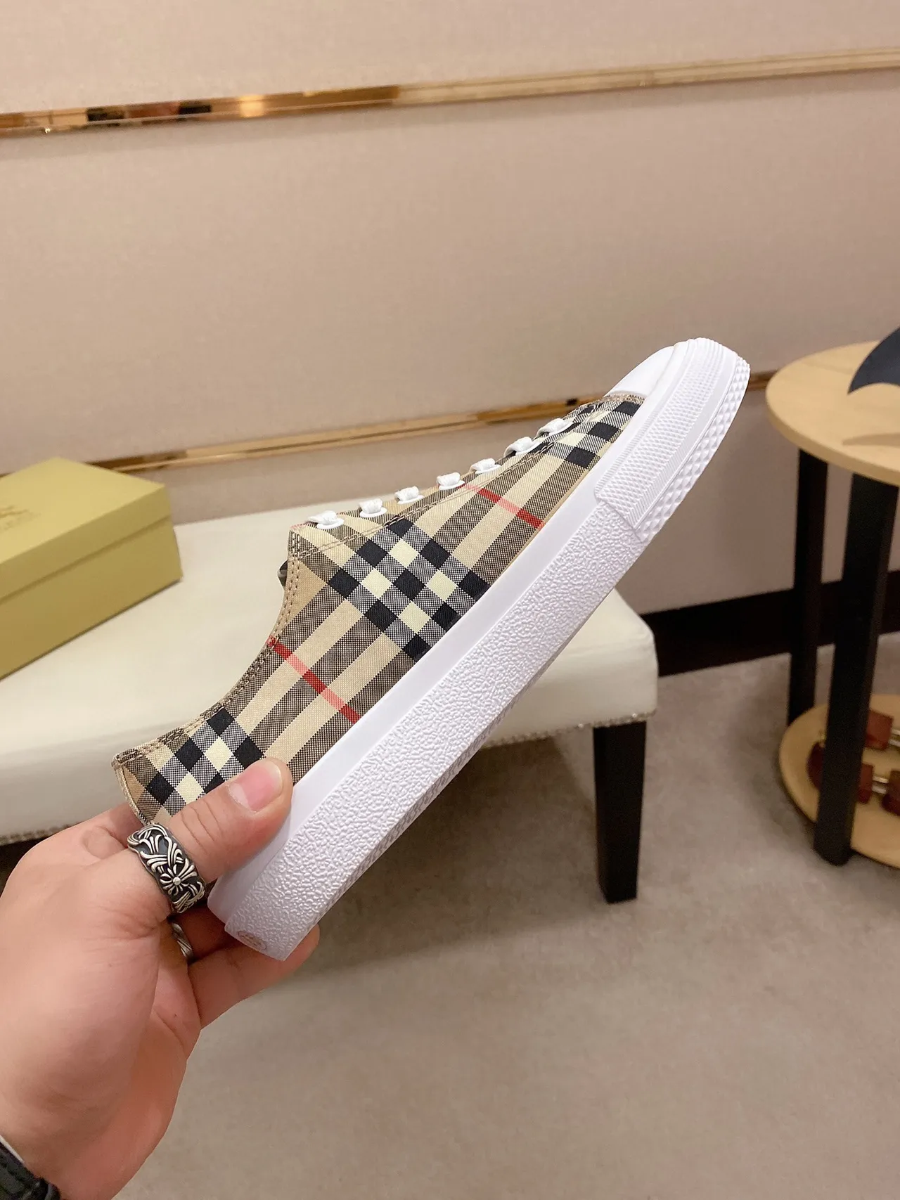 Burberry Beige White Check-Pattern Canvas Logo-Print Midsole Lifestyle Sneakers 6