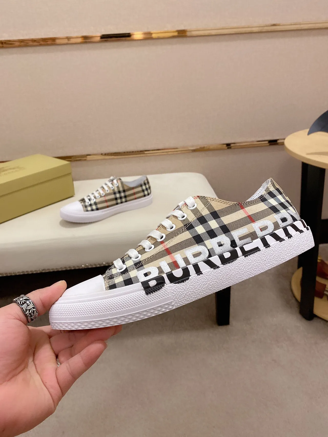 Burberry Beige White Check-Pattern Canvas Logo-Print Midsole Lifestyle Sneakers 8