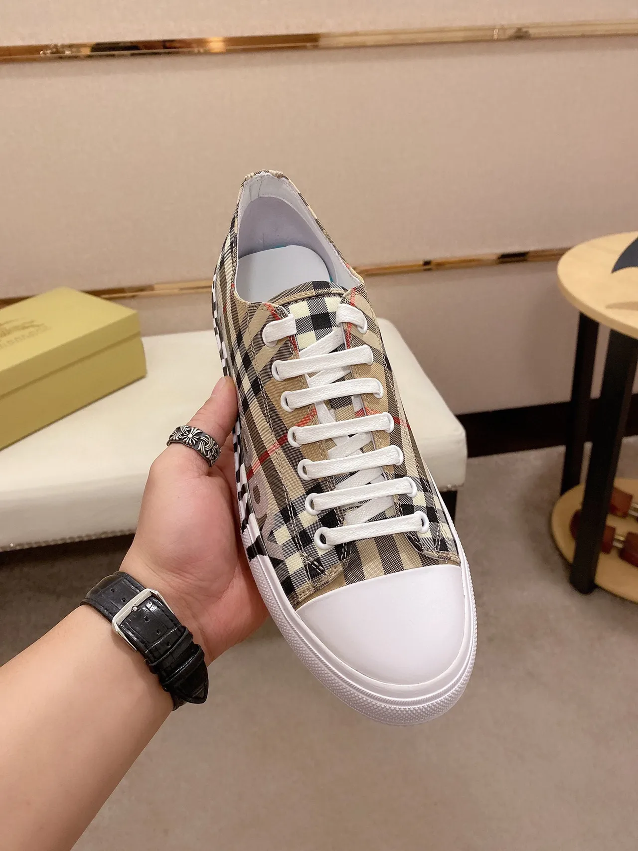 Burberry Beige White Check-Pattern Canvas Logo-Print Midsole Lifestyle Sneakers 9