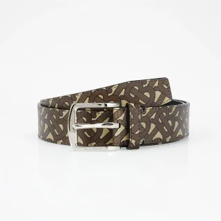 Burberry Brown Beige Monogram-Print Rectangular-Buckle Leather Belt