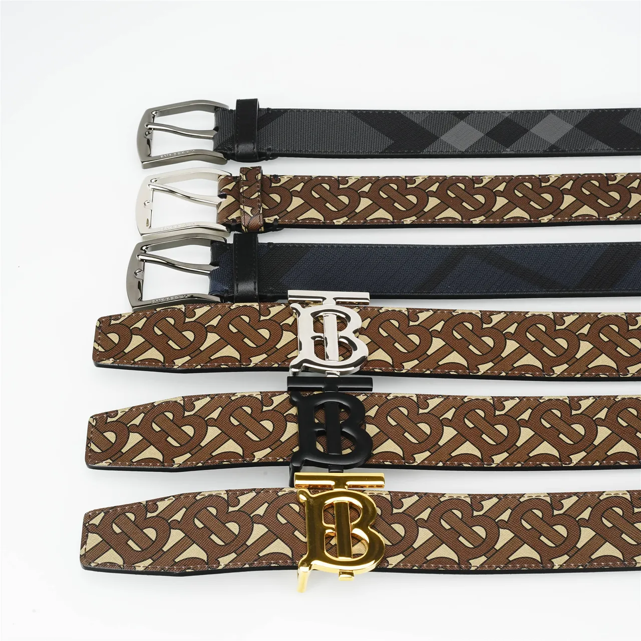 Burberry Brown Beige Monogram-Print Rectangular-Buckle Leather Belt 2