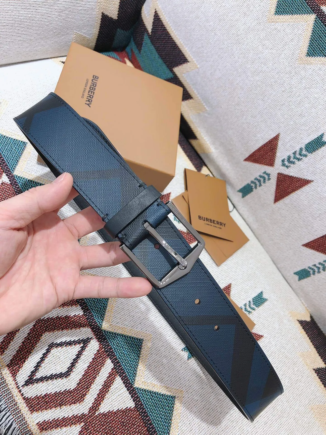 Burberry Diagonal Check Navy Leather Belt 7