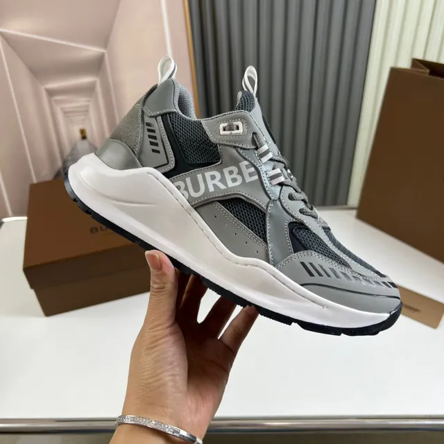 Burberry Gray White Layered Mesh And Synthetic Upper Oversized Side Logo Chunky Sneakers 4