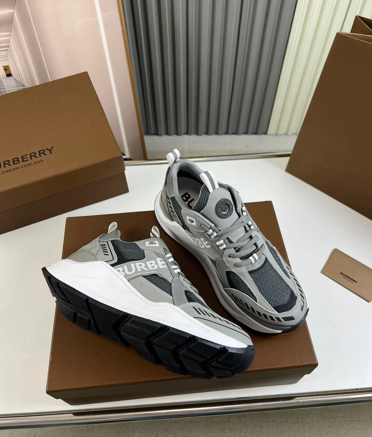 Burberry Gray White Layered Mesh And Synthetic Upper Oversized Side Logo Chunky Sneakers 5