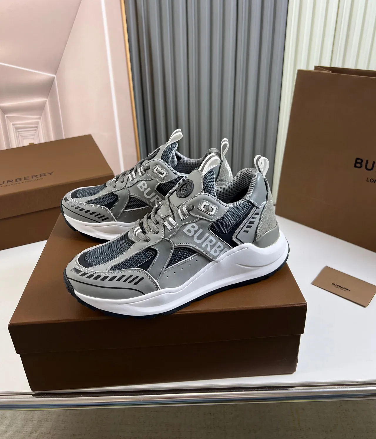 Burberry Gray White Layered Mesh And Synthetic Upper Oversized Side Logo Chunky Sneakers 8