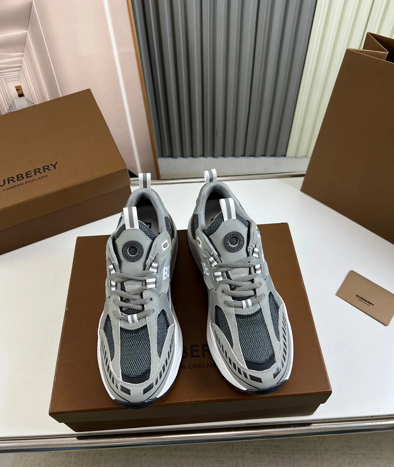 Burberry Gray White Layered Mesh And Synthetic Upper Oversized Side Logo Chunky Sneakers 9