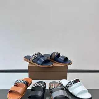 Burberry House Check Slide Navy Beige Duplo Tirante Fivela Sandálias Casual