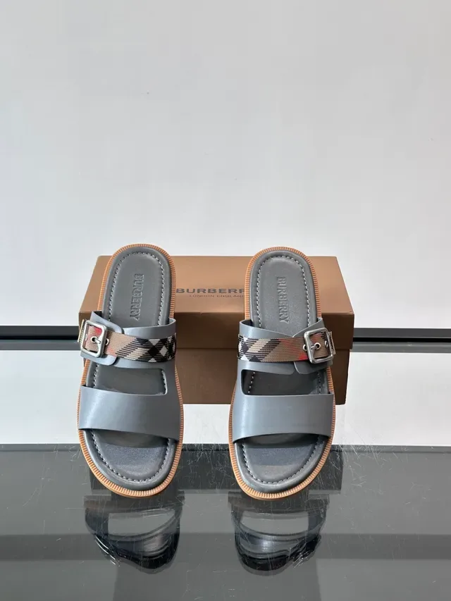 Burberry House Check Slide Navy Beige Correa Doble Hebilla Sandalias Casual 8
