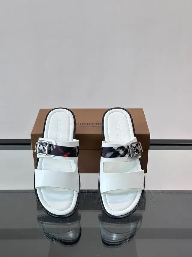 Burberry House Check Slide Navy Beige Correa Doble Hebilla Sandalias Casual 9