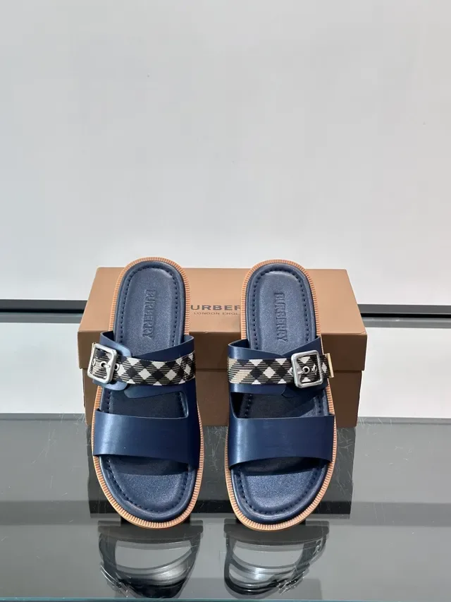 Burberry House Check Slide Navy Beige Correa Doble Hebilla Sandalias Casual 11