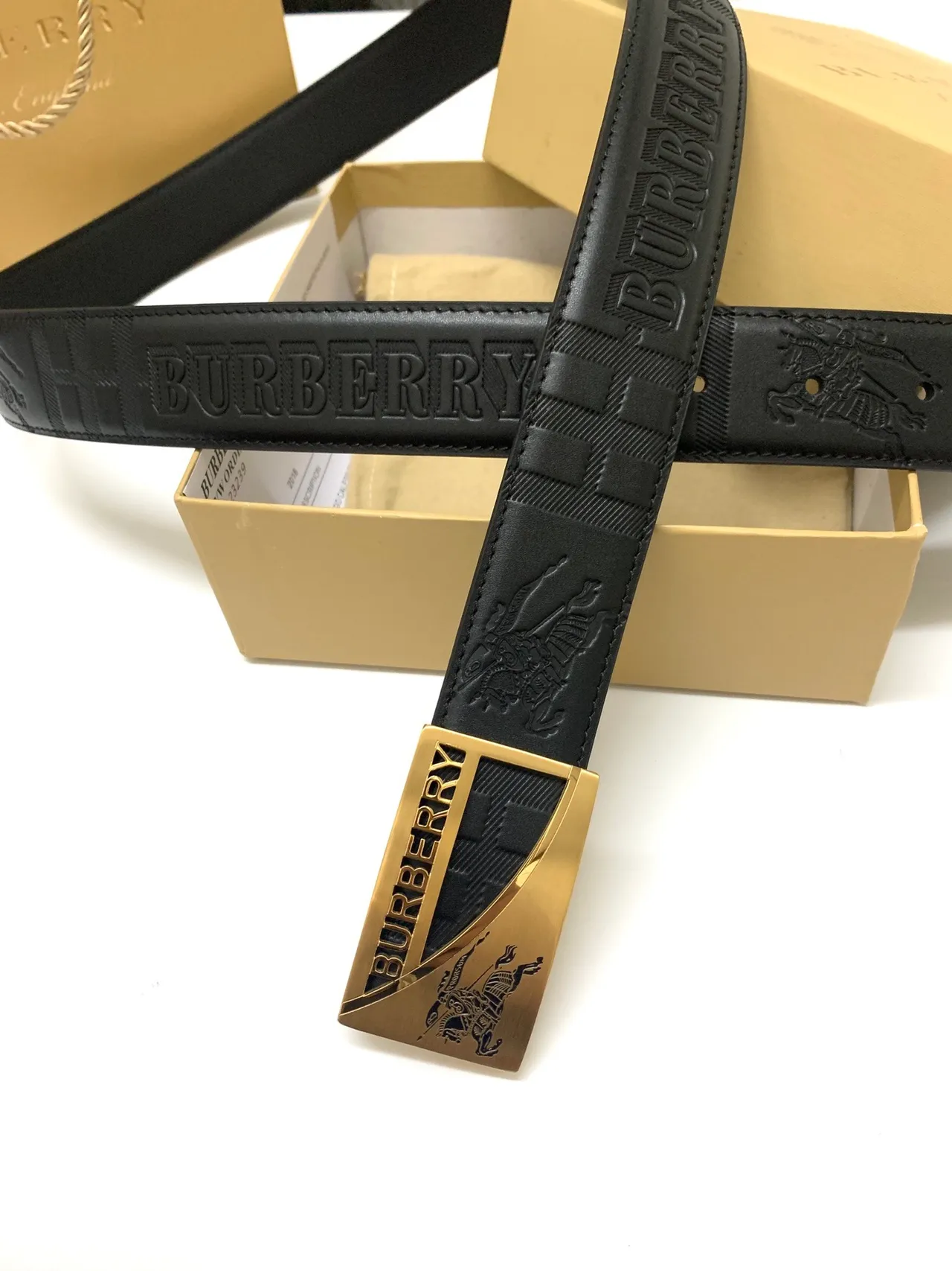 Burberry Knight Black Gold Embossed Check Pattern Equestrian Motif Leather Belt 2