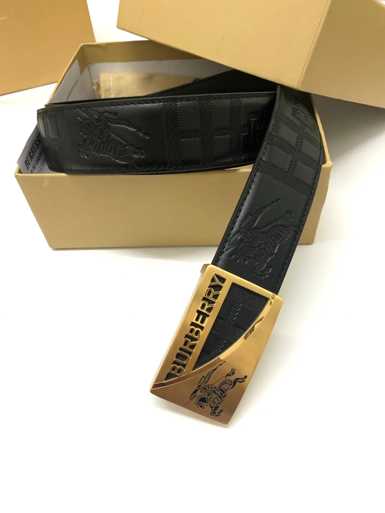 Burberry Knight Black Gold Embossed Check Pattern Equestrian Motif Leather Belt 3