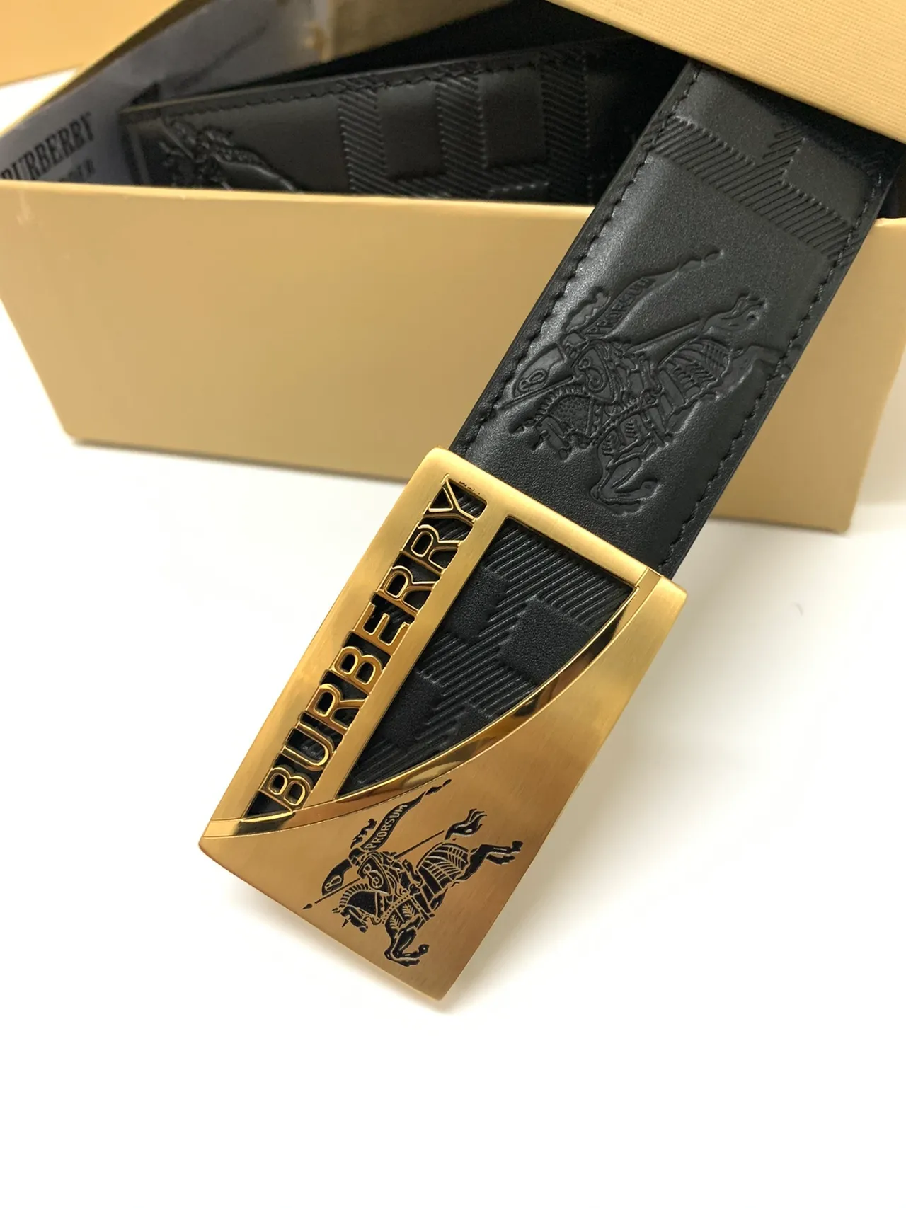 Burberry Knight Black Gold Embossed Check Pattern Equestrian Motif Leather Belt 4
