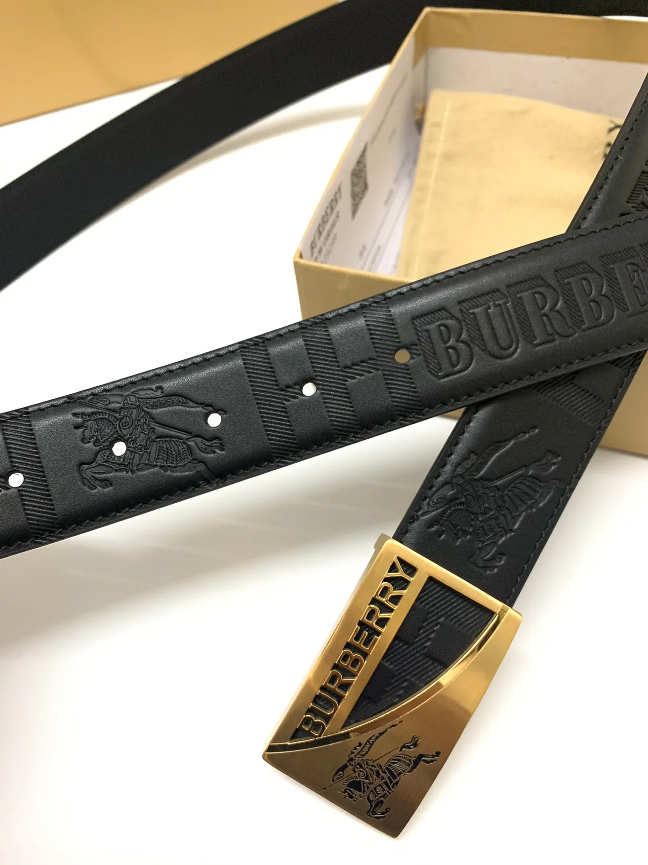 Burberry Knight Black Gold Embossed Check Pattern Equestrian Motif Leather Belt 5