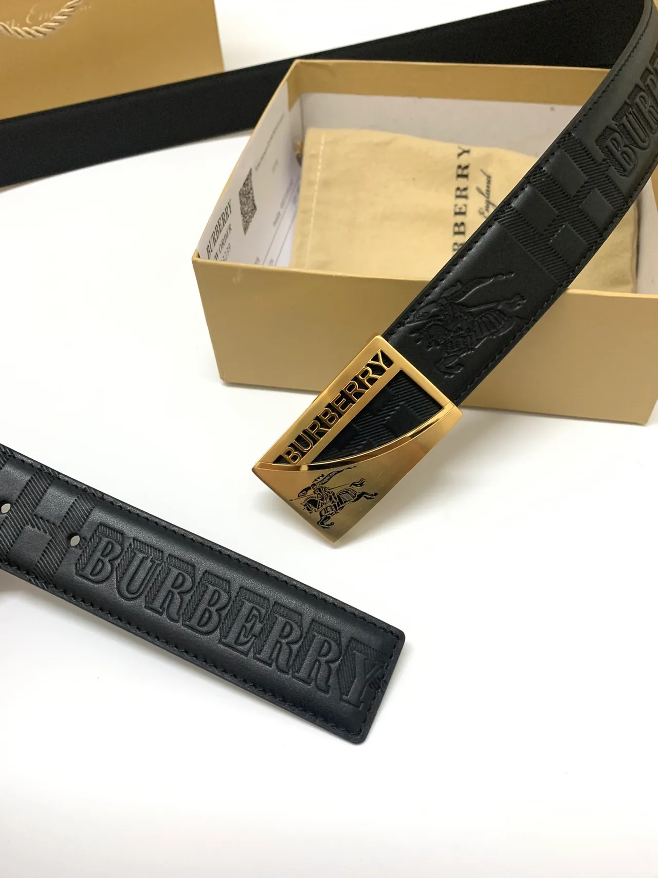 Burberry Knight Black Gold Embossed Check Pattern Equestrian Motif Leather Belt 6
