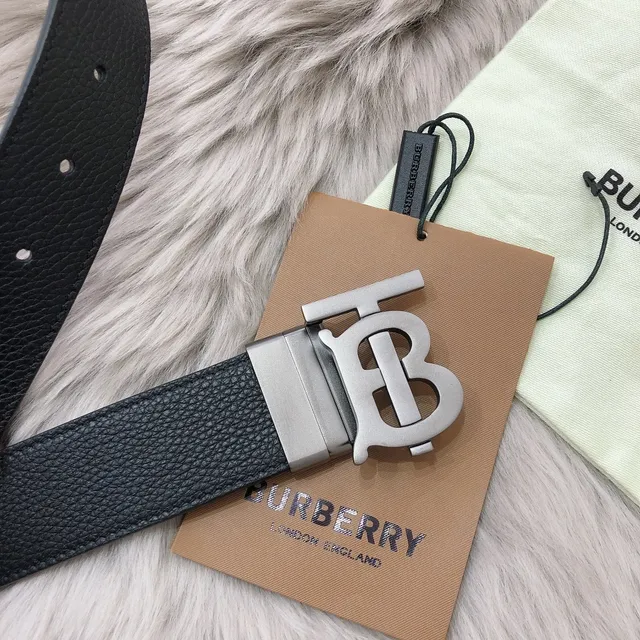 Burberry Knight Black Silver Smooth TB Monogram Buckle Leather Belt 6