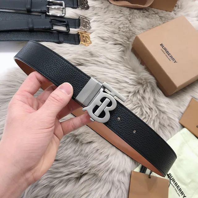 Burberry Knight Black Silver Smooth TB Monogram Buckle Leather Belt 7