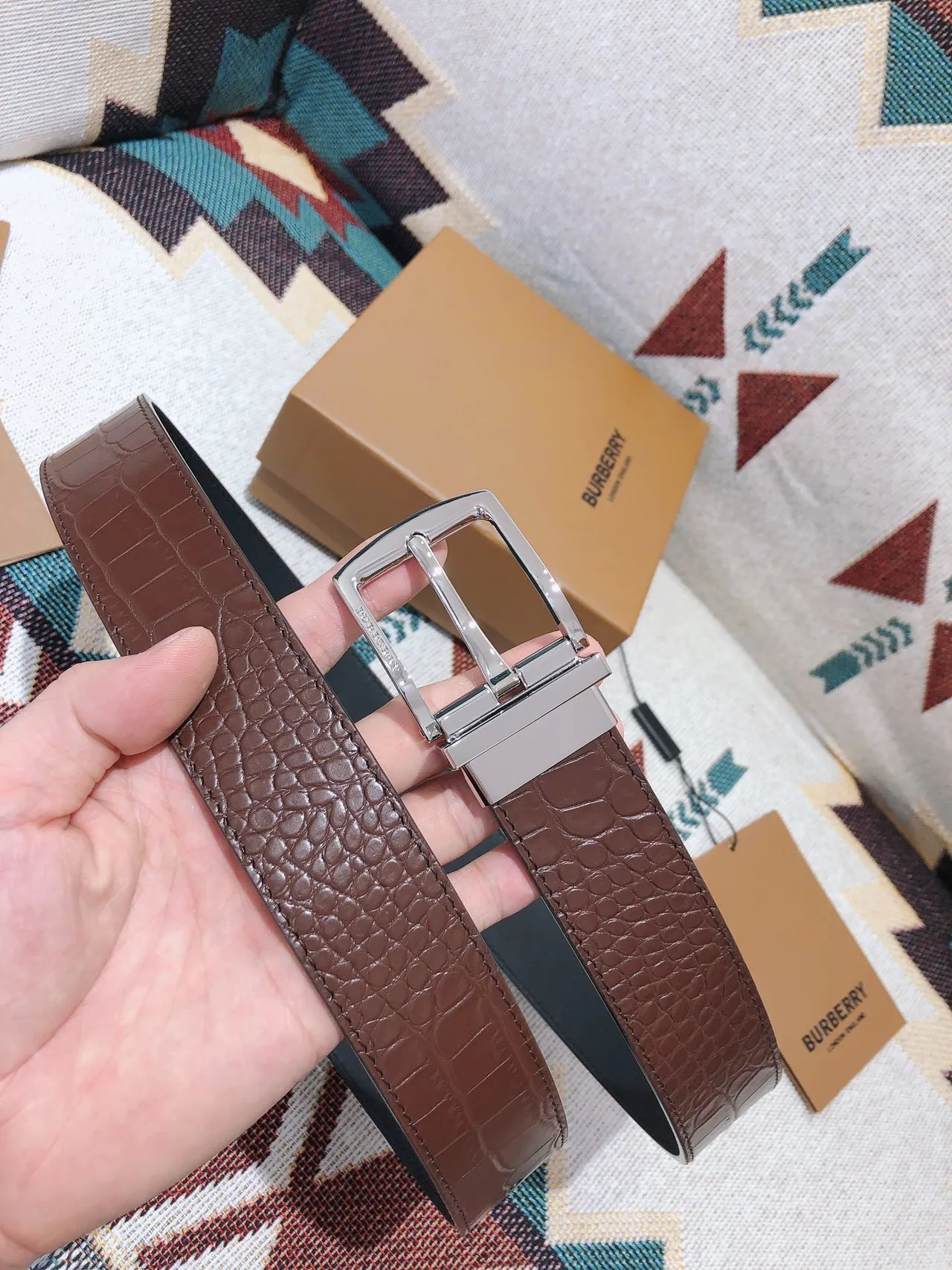 Burberry Knight Brown Croc-Embossed Reversible Leather Belt 2