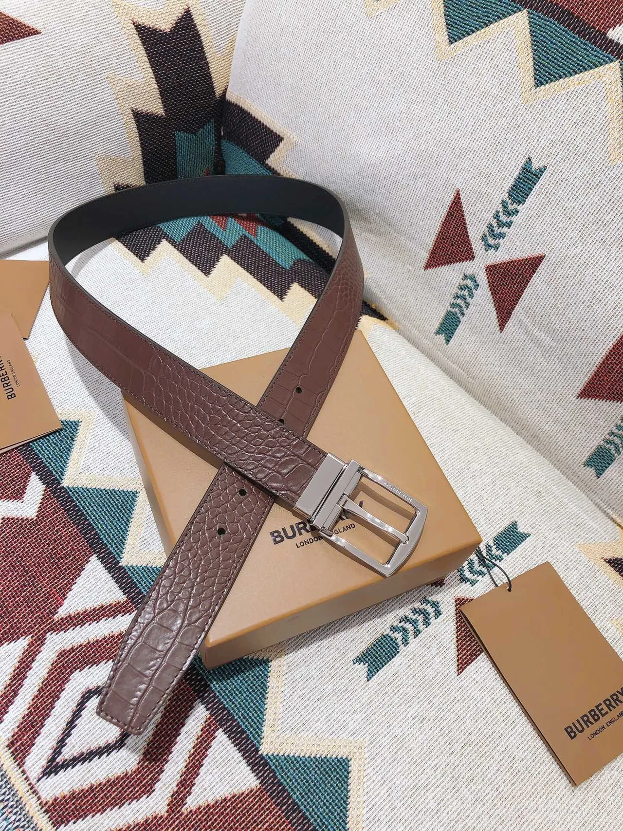 Burberry Knight Brown Croc-Embossed Reversible Leather Belt 3