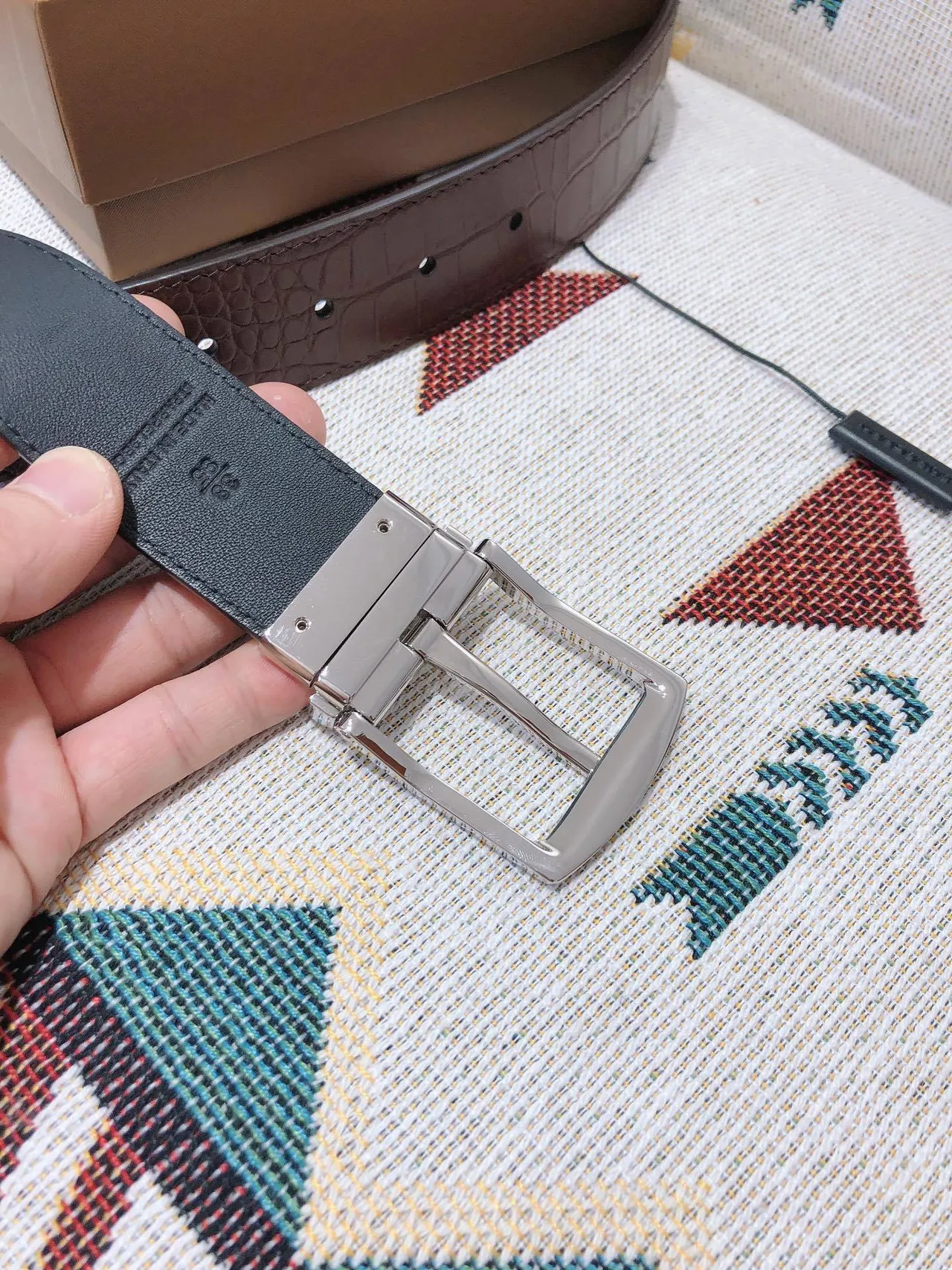 Burberry Knight Brown Croc-Embossed Reversible Leather Belt 5