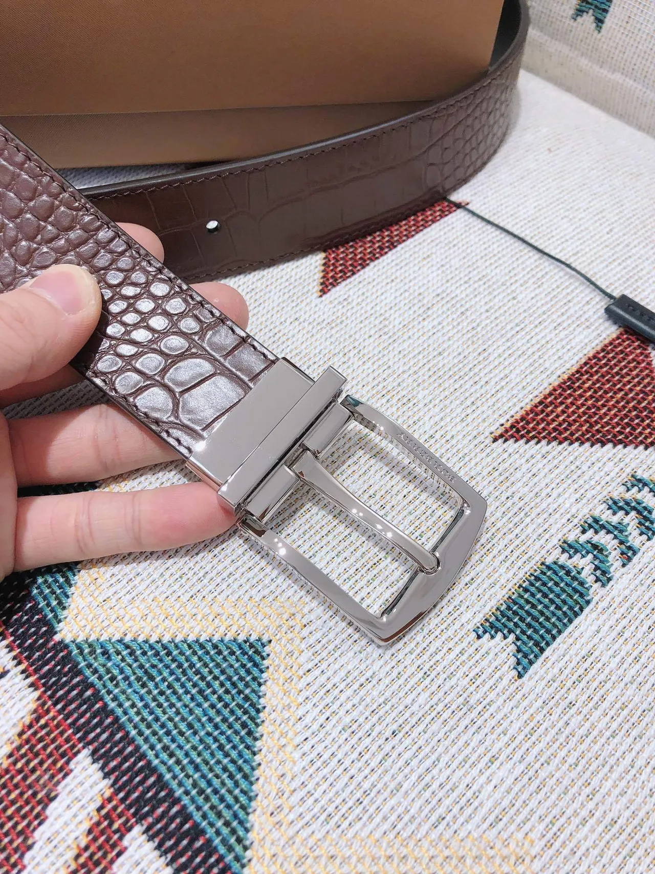 Burberry Knight Brown Croc-Embossed Reversible Leather Belt 6