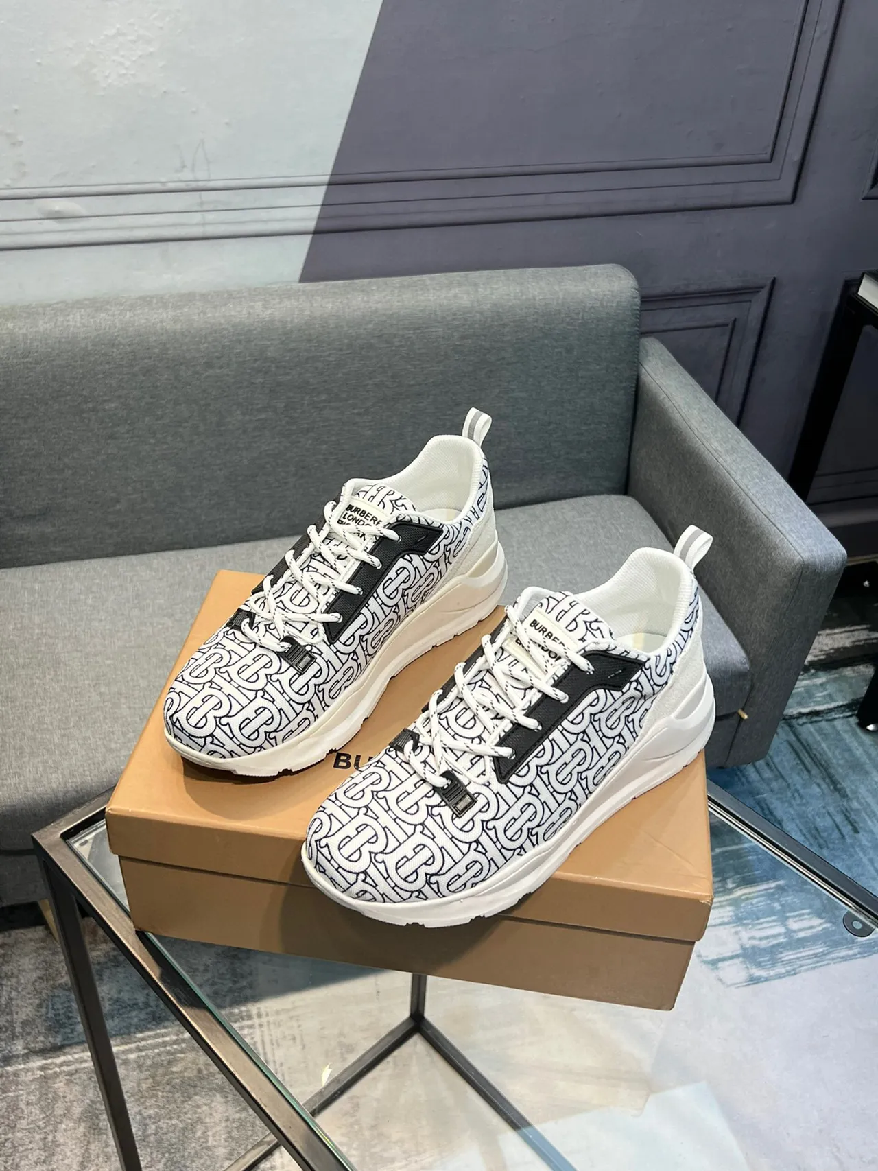 Burberry Knight Monogram Print White Black Chunky Sneakers 2
