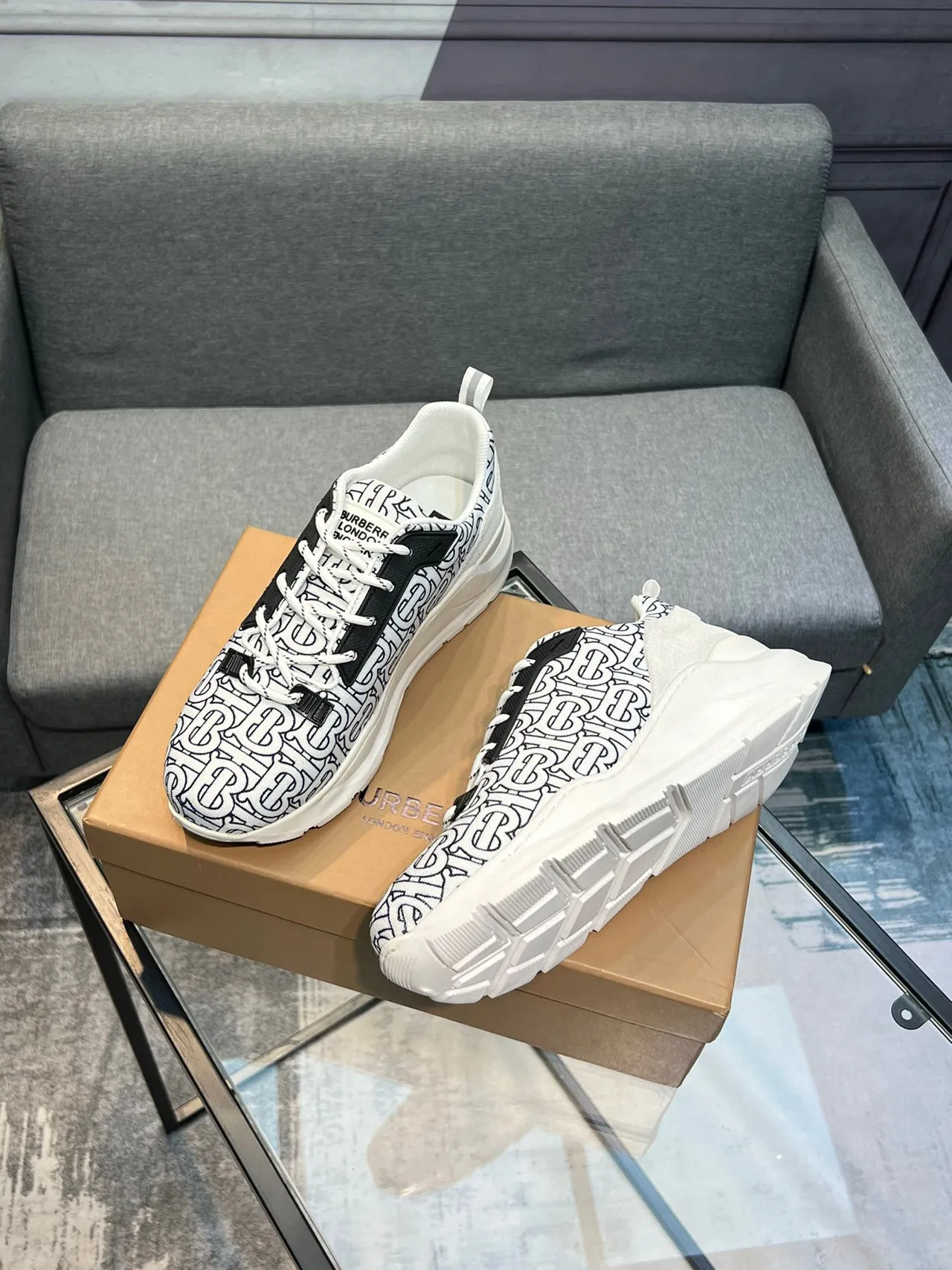 Burberry Knight Monogram Print White Black Chunky Sneakers 3
