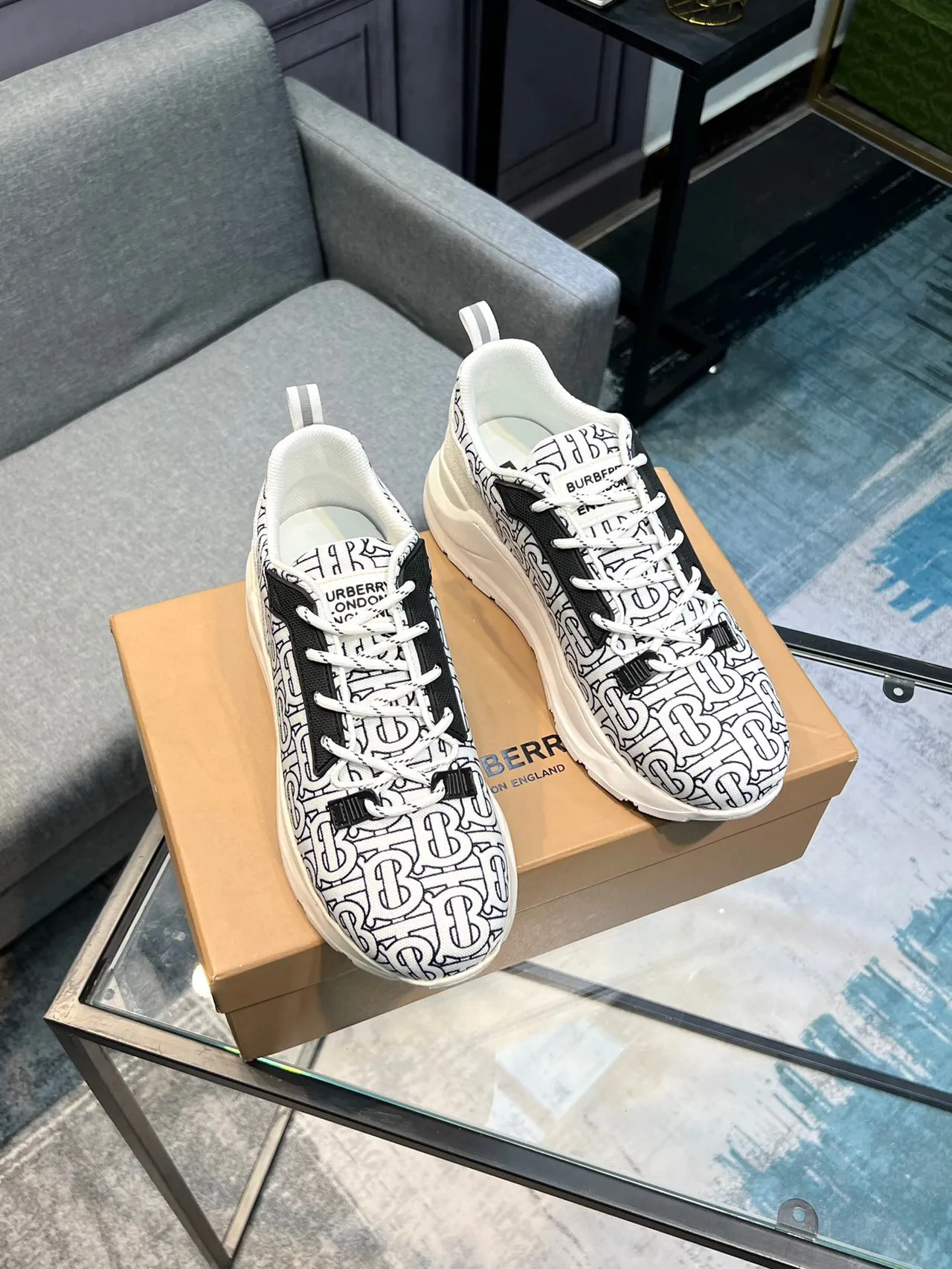 Burberry Knight Monogram Print White Black Chunky Sneakers 4