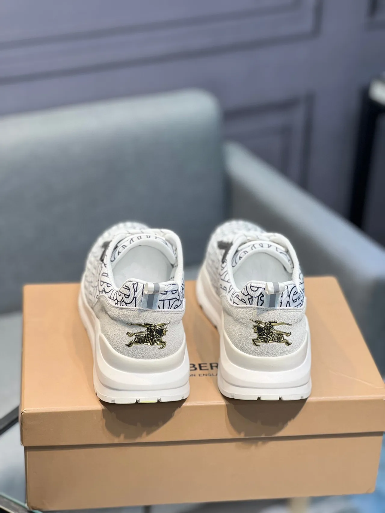 Burberry Knight Monogram Print White Black Chunky Sneakers 7
