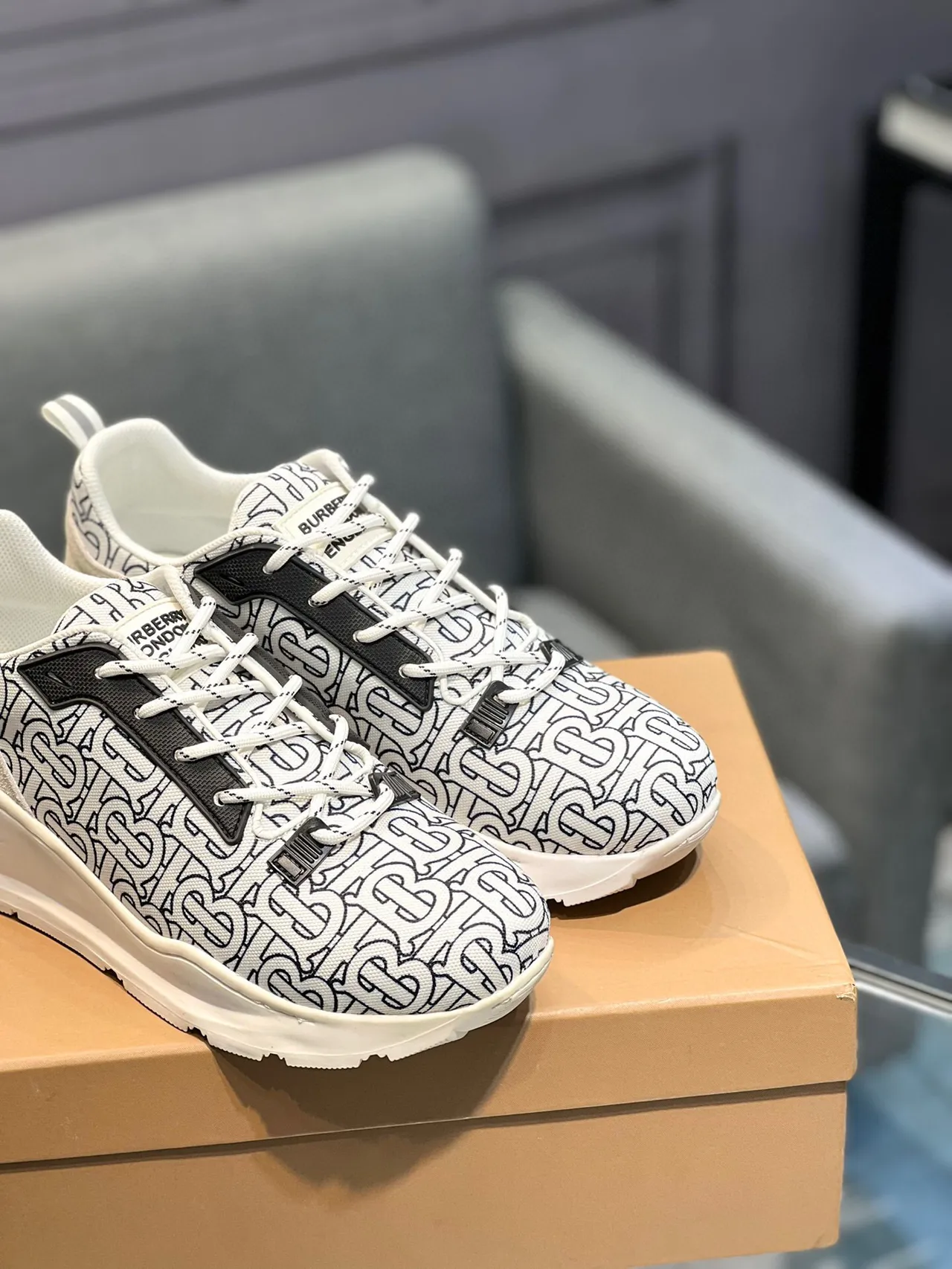 Burberry Knight Monogram Print White Black Chunky Sneakers 8