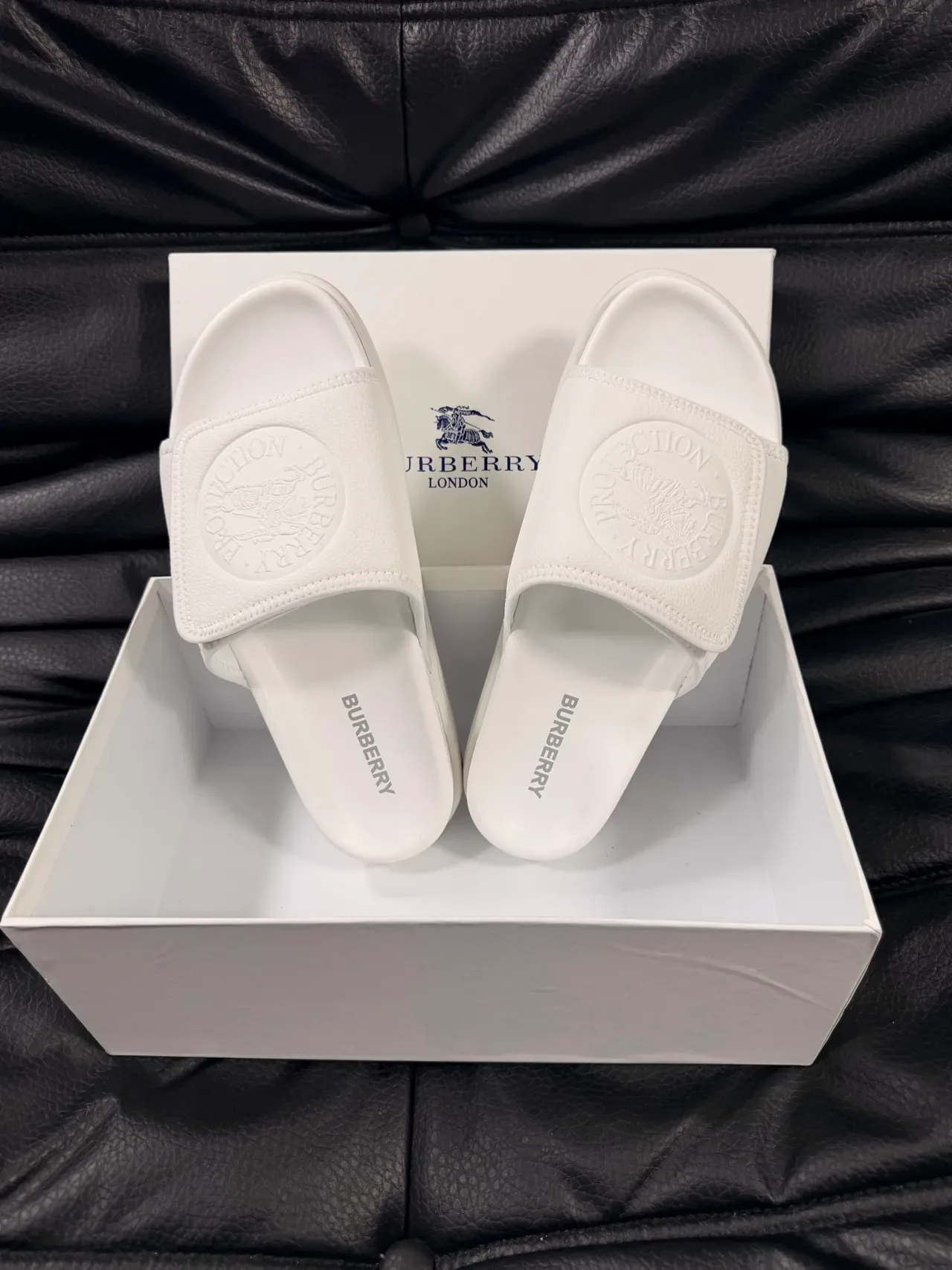 Burberry Knight White Leather-Textured Logo Strap Slippers 4