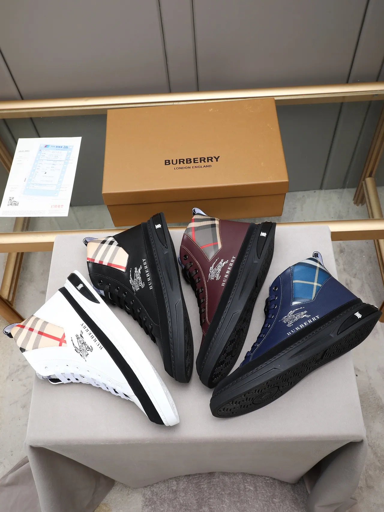 Burberry Navy Black High-Top Leather-and-Check-Panel Lifestyle Sneakers 2