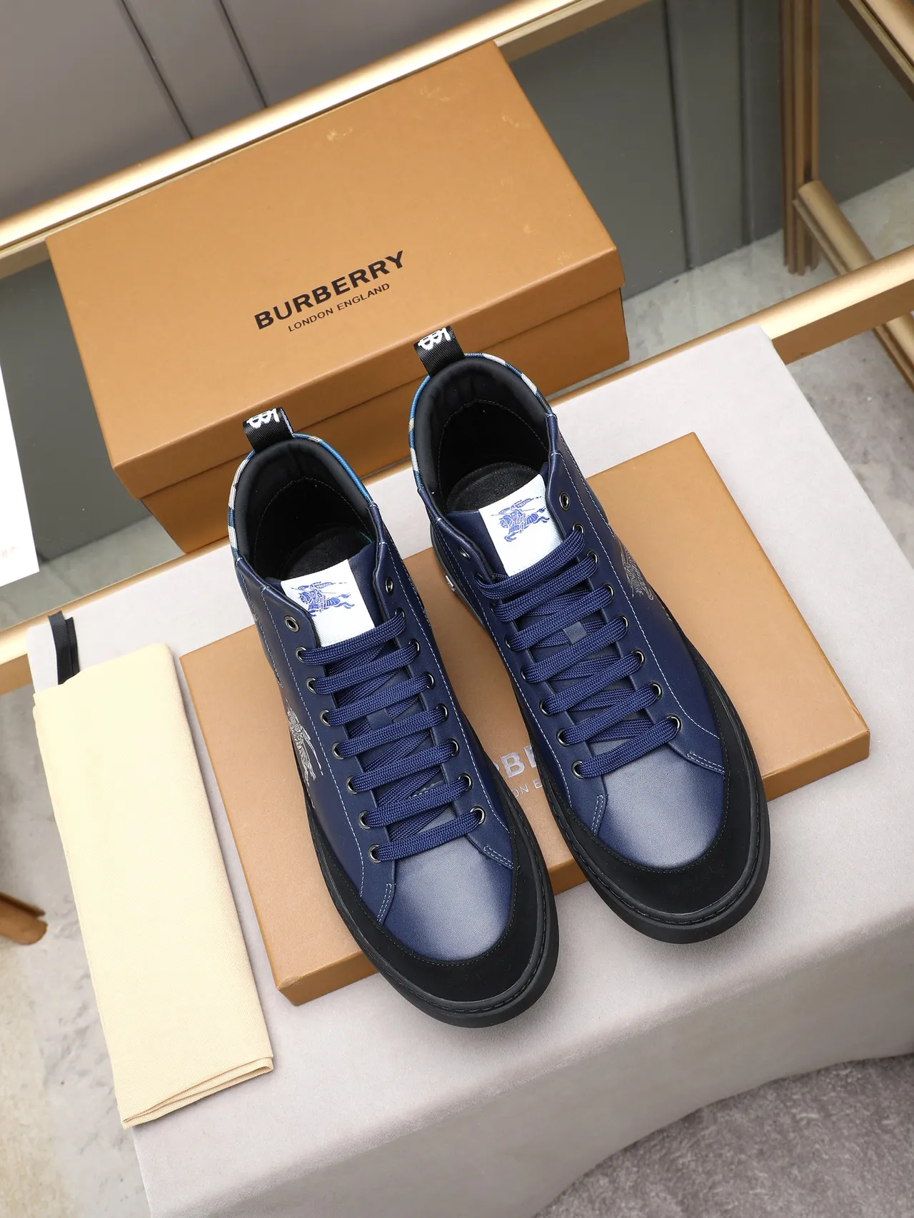 Burberry Navy Black High-Top Leather-and-Check-Panel Lifestyle Sneakers 3