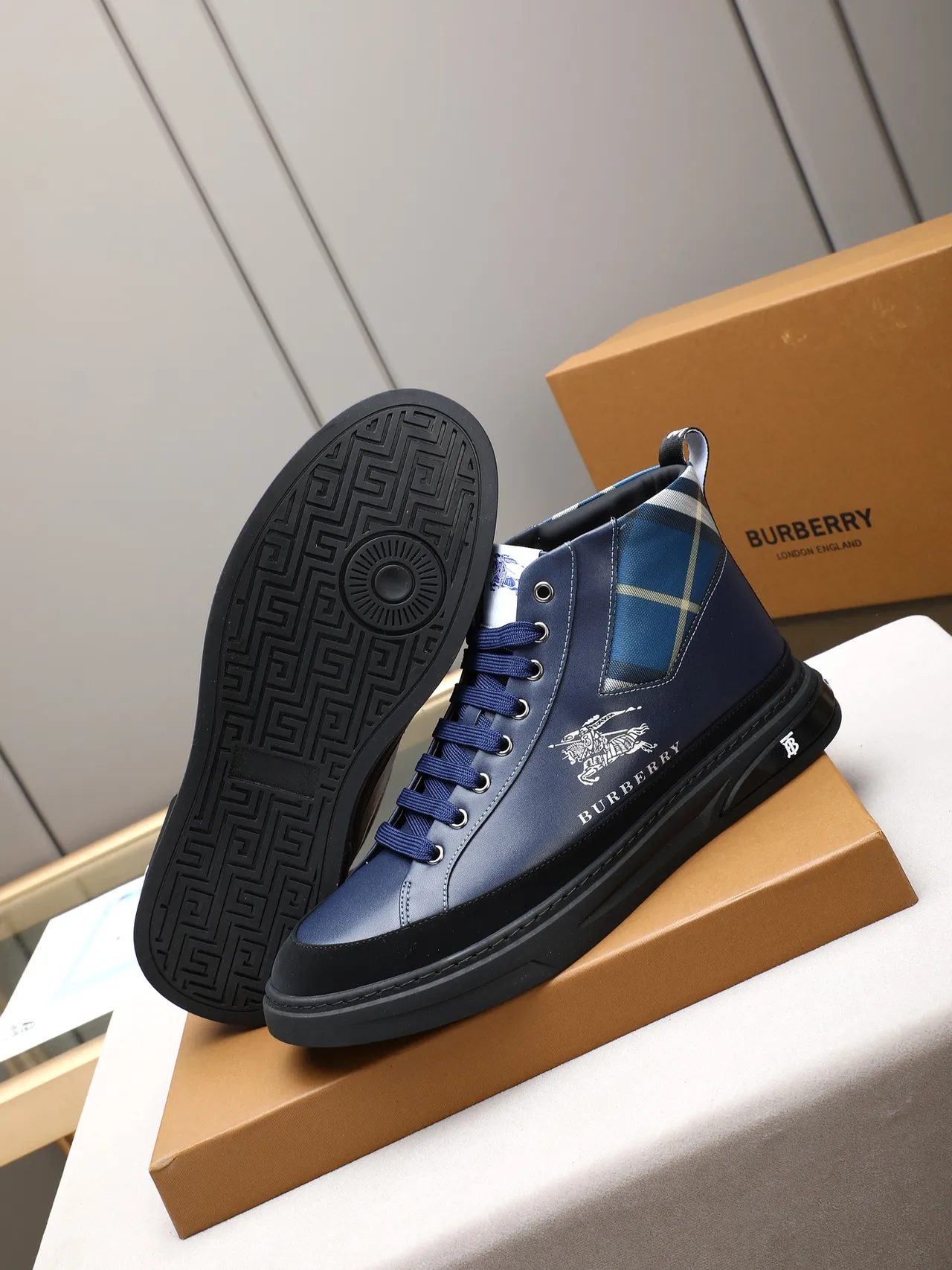 Burberry Navy Black High-Top Leather-and-Check-Panel Lifestyle Sneakers 4