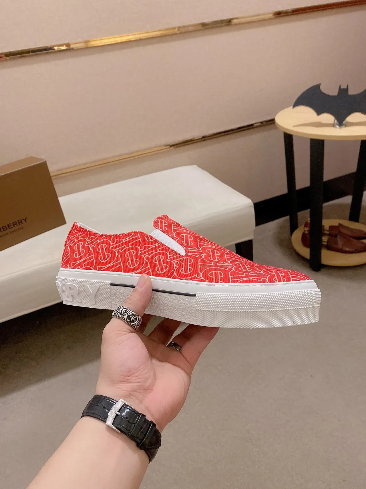 Burberry Red White Monogram-Printed Slip-On Lifestyle Sneakers 7