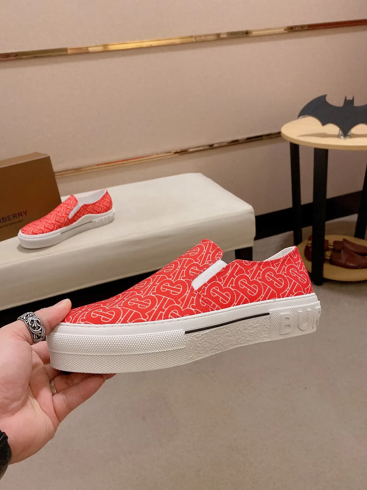 Burberry Red White Monogram-Printed Slip-On Lifestyle Sneakers 8
