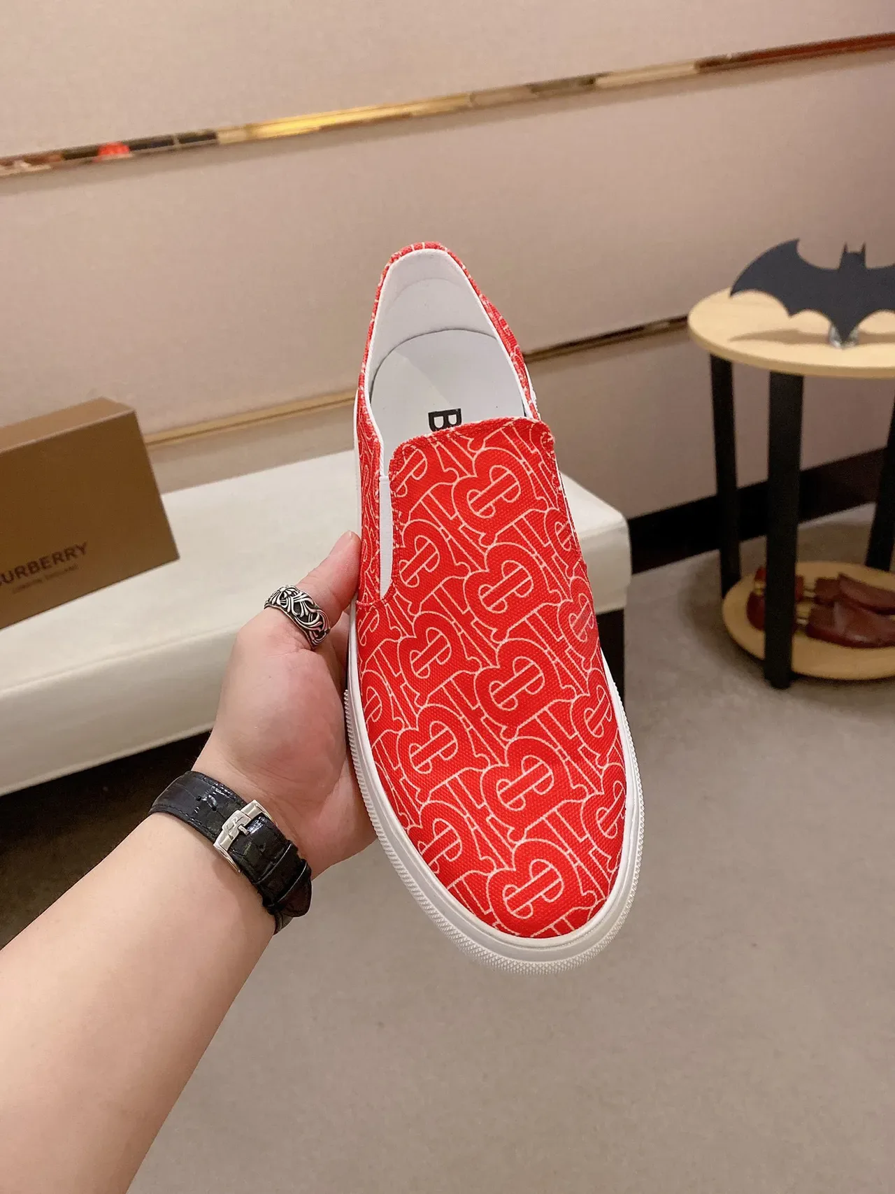 Burberry Red White Monogram-Printed Slip-On Lifestyle Sneakers 9