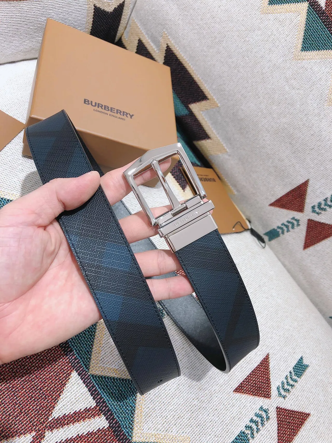 Burberry Reversible Belt Black Silver Woven Fabric Leather Belt 2