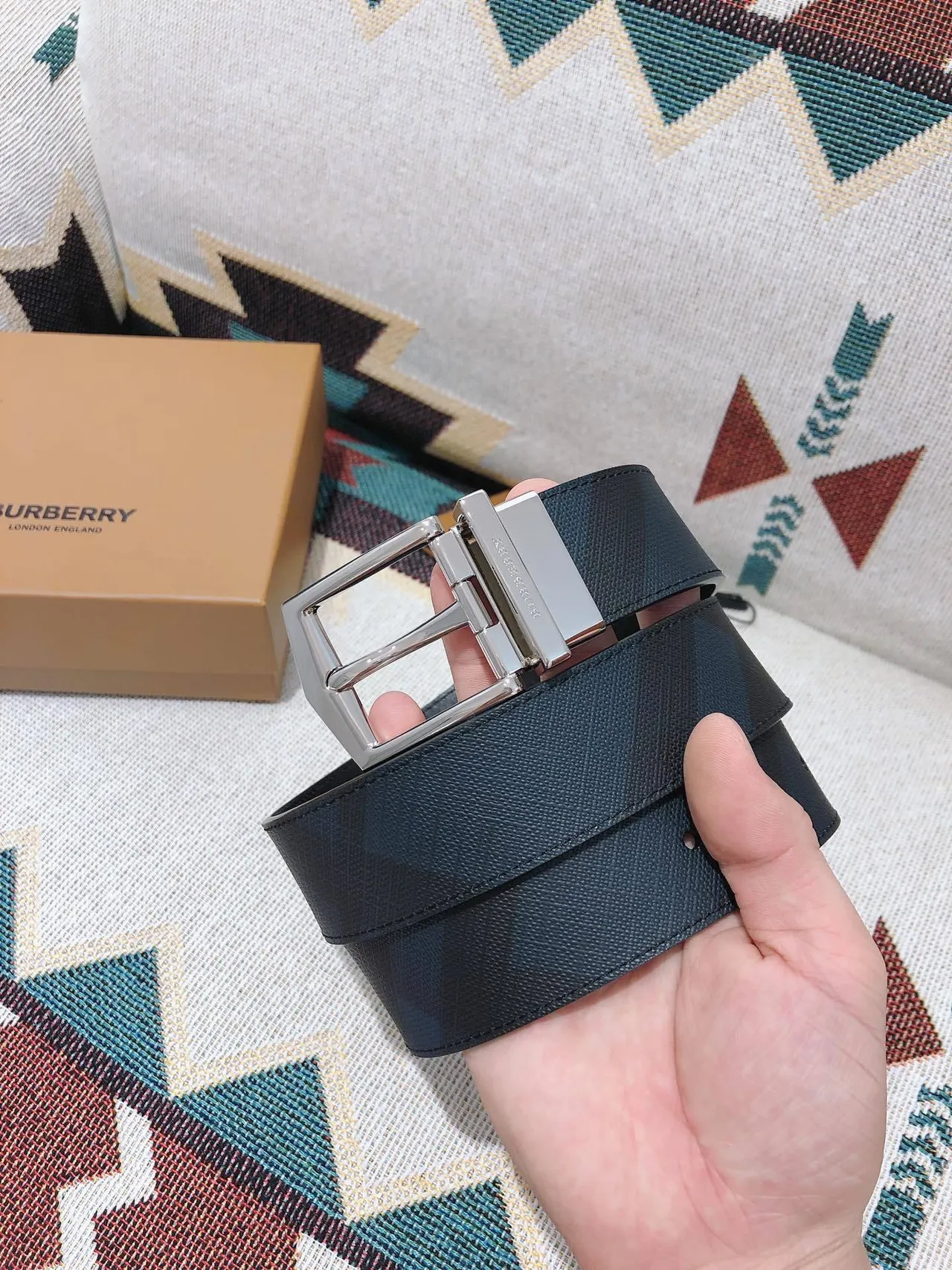 Burberry Reversible Belt Black Silver Woven Fabric Leather Belt 5