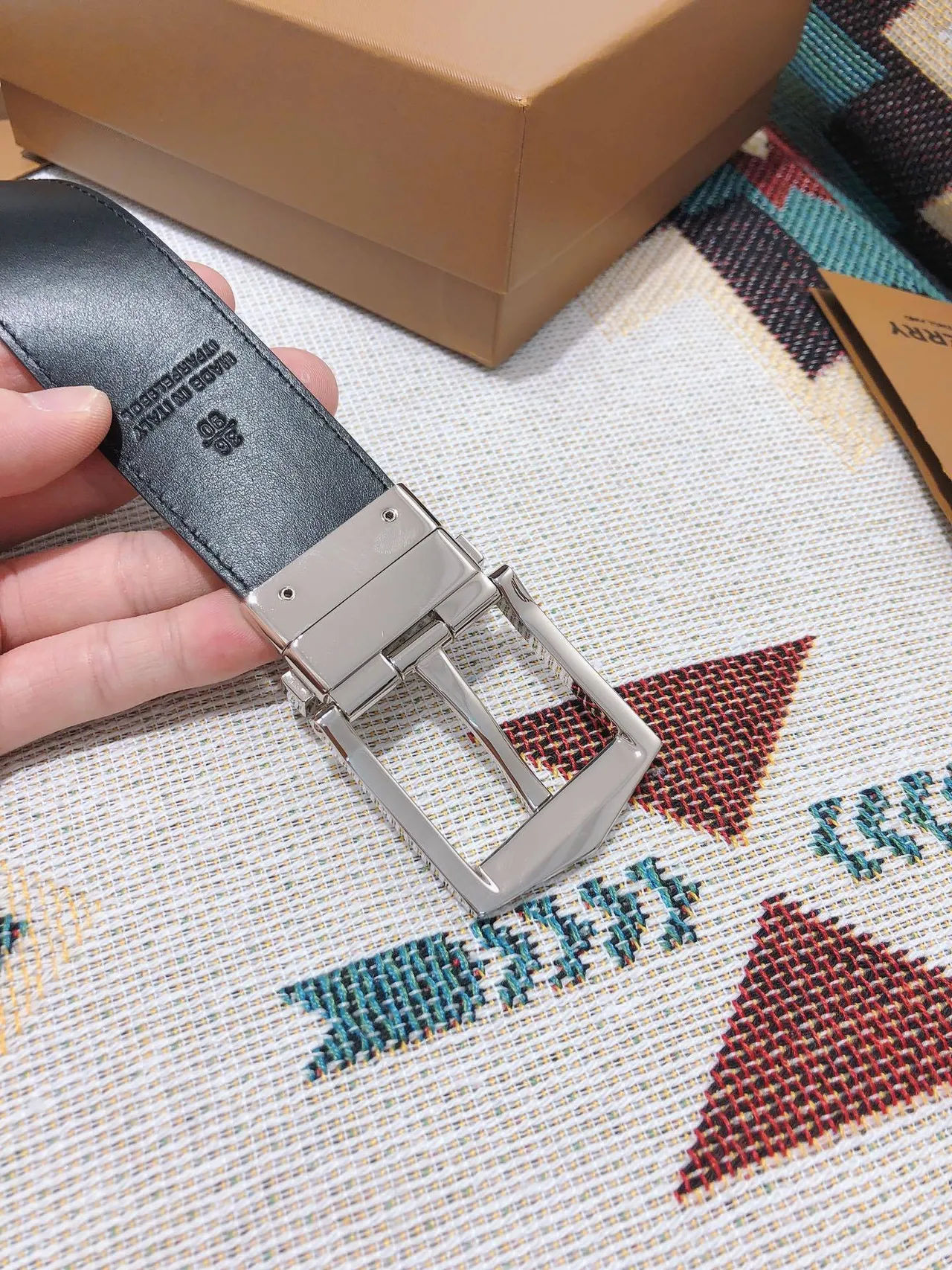 Burberry Reversible Belt Black Silver Woven Fabric Leather Belt 6