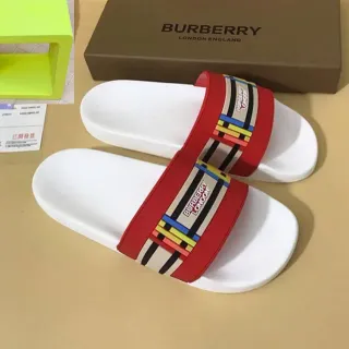 Burberry Slide White Red Single Wide Strap Rubber Sole Slippers